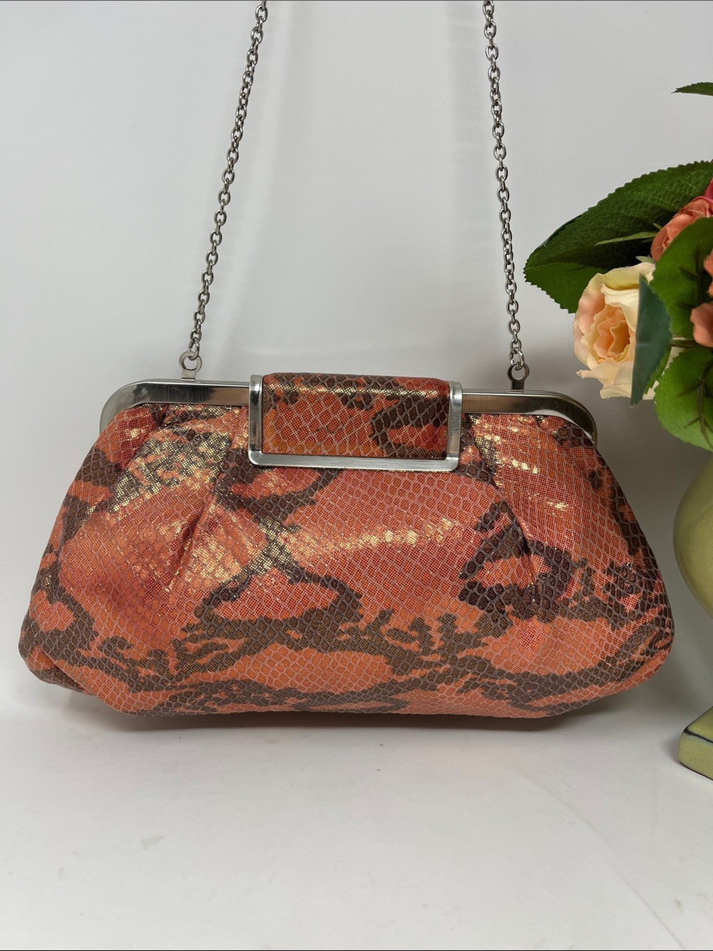 ANNABEL INGALL AUSTRALIA IRIDESCENT SNAKESKIN PEACH AND GRAY CLUTCH BAG